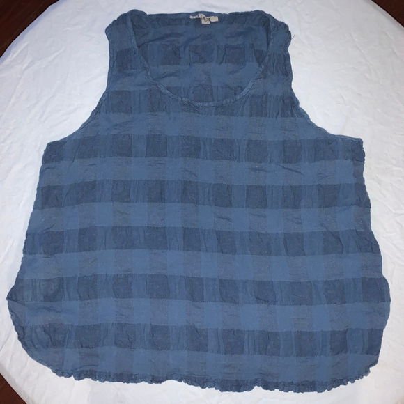 Women's FLAX Blue Plaid striped Linen Blend Tank Top Size L - Picture 2 of 7